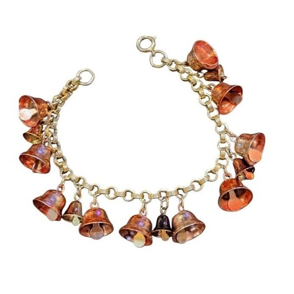 Vintage Jingle Bells Christmas Holiday Charm Bracelet Gold Tone Chain 1950s 8in - Picture 3 of 6